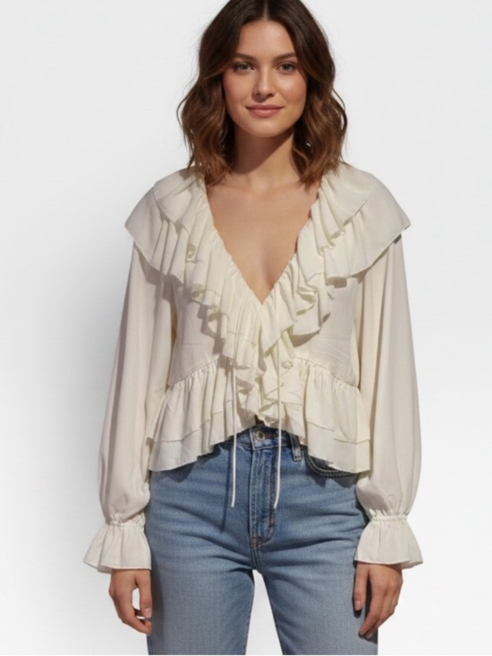 NWT Ronny Kobo Soraya Ruffle Cream  Long Sleeves Deep V-Neck Small